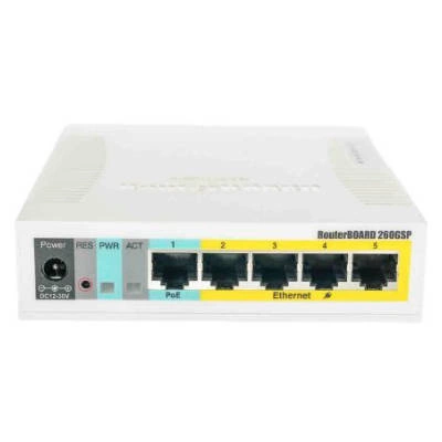 Switch Mikrotik CSS106-1G-4P-1S 5x 10/100/1000  PoE output RB260GSP only: Passive PoE output on ports 2-5. Max current 1A per port, DC jack input Voltage: 10-57 V